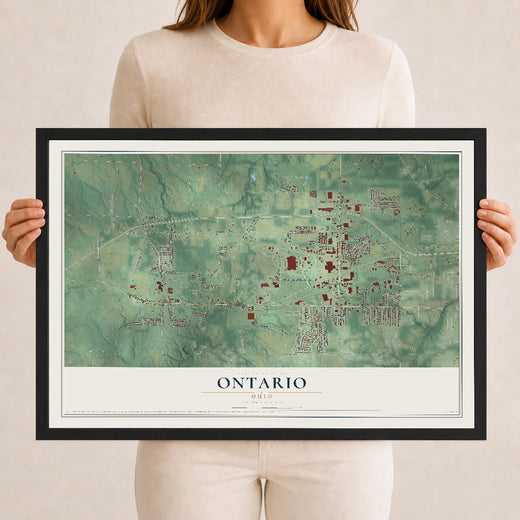 Map of Ontario, Ohio, 12 x 18 inch print in a black wood frame