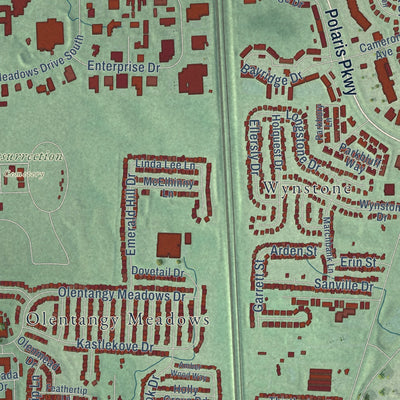 Close-up of the map of Orange, Delaware County, Ohio print showing street and building detail