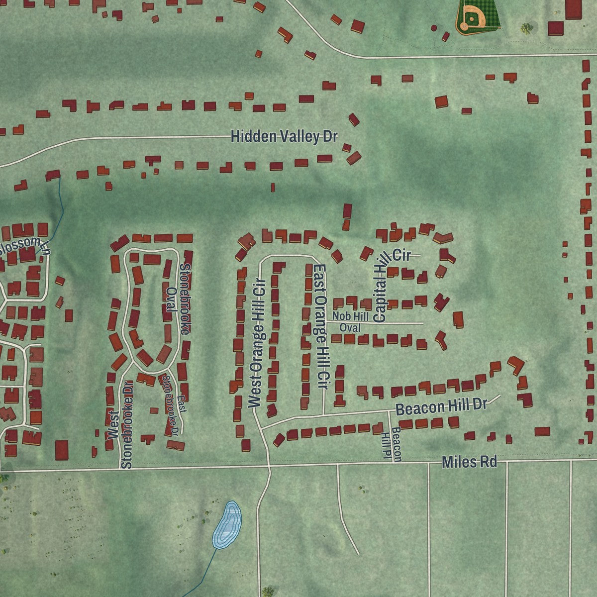 Second close-up of the map of Orange, Ohio print showing more streets and buildings