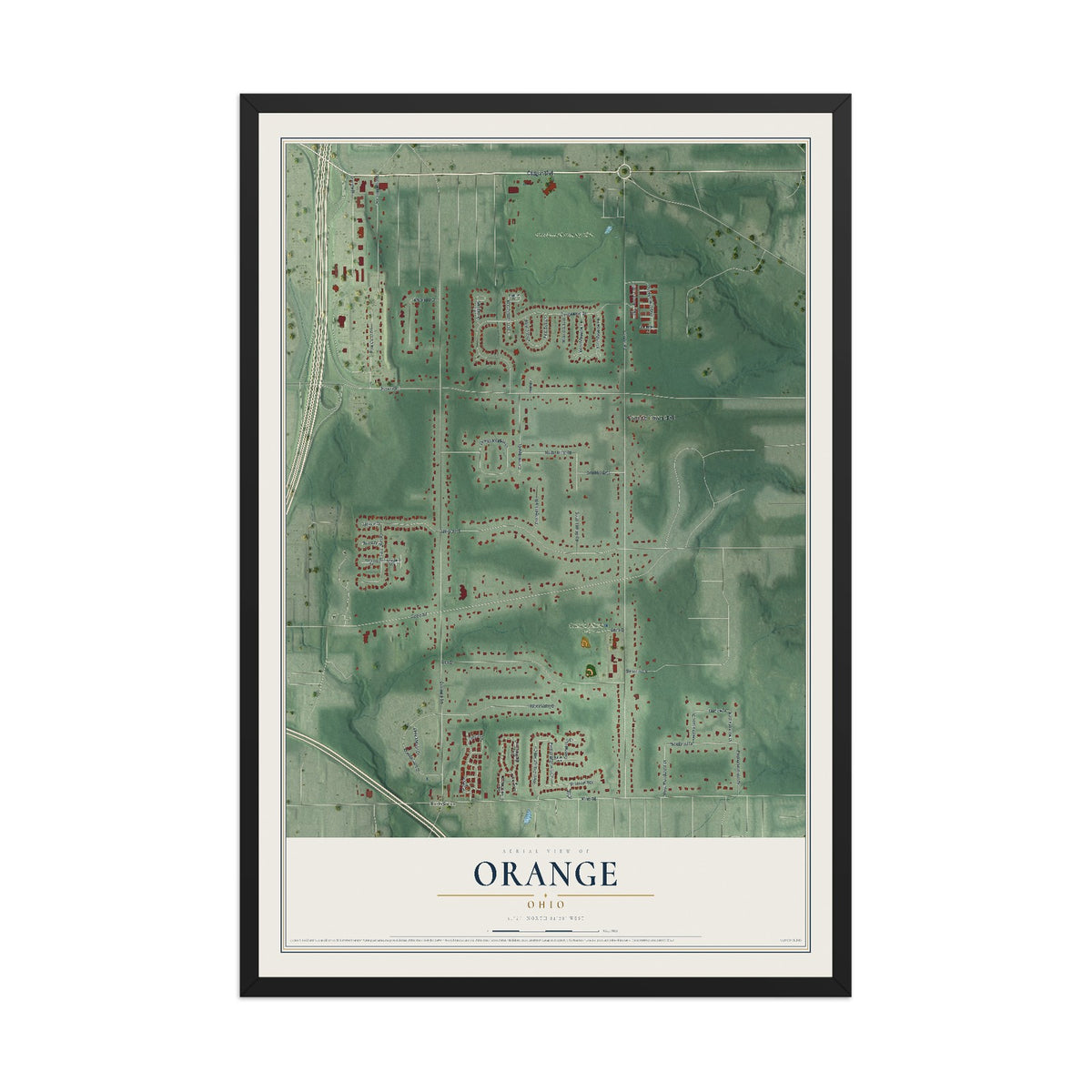 Map of Orange, Ohio, 12 x 18 inch print in a black wood frame