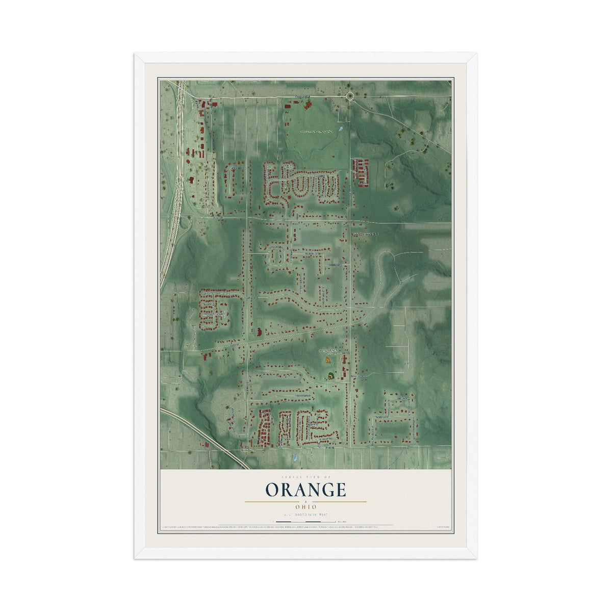 Map of Orange, Ohio, 12 x 18 inch print in a white wood frame
