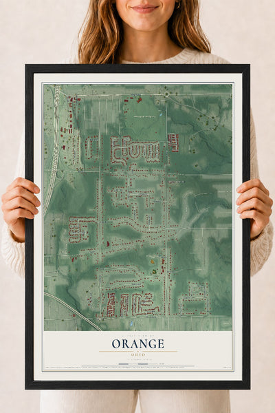 Map of Orange, Ohio, 18 x 24 inch print in a black wood frame