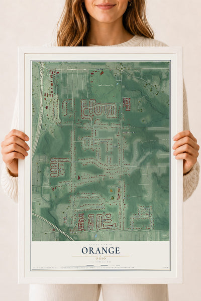 Map of Orange, Ohio, 18 x 24 inch print in a white wood frame