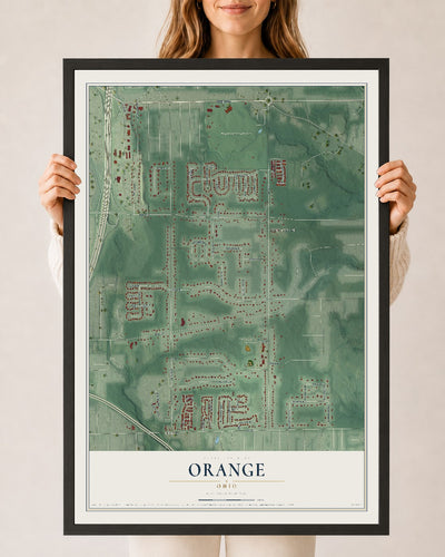Map of Orange, Ohio, 24 x 36 inch print in a black wood frame
