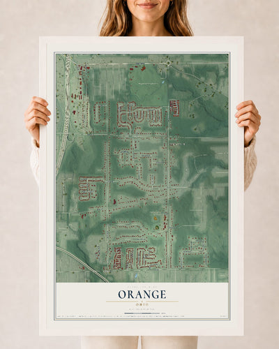 Map of Orange, Ohio, 24 x 36 inch print in a white wood frame