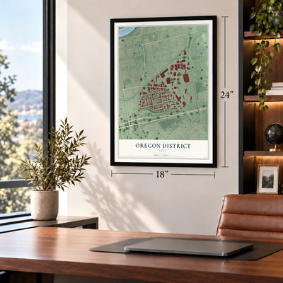 Oregon District, Ohio map, 18 x 24 inch print in a black frame in a home office