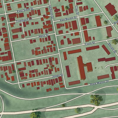 Close-up of the map of Oregon District, Ohio print showing street and building detail