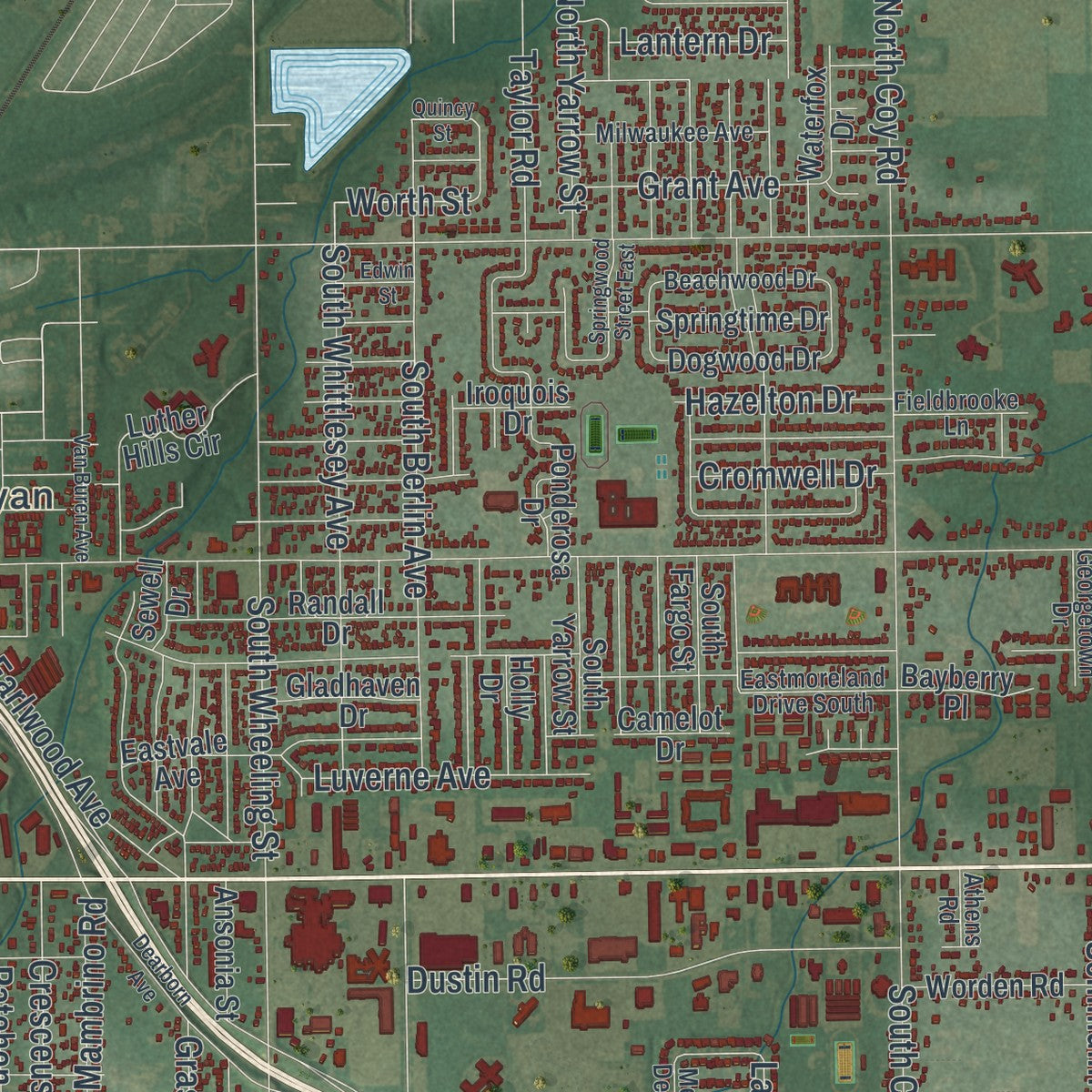 Close-up of the map of Oregon, Ohio print showing street and building detail
