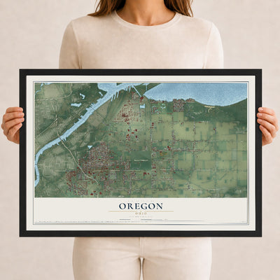 Map of Oregon, Ohio, 12 x 18 inch print in a black wood frame