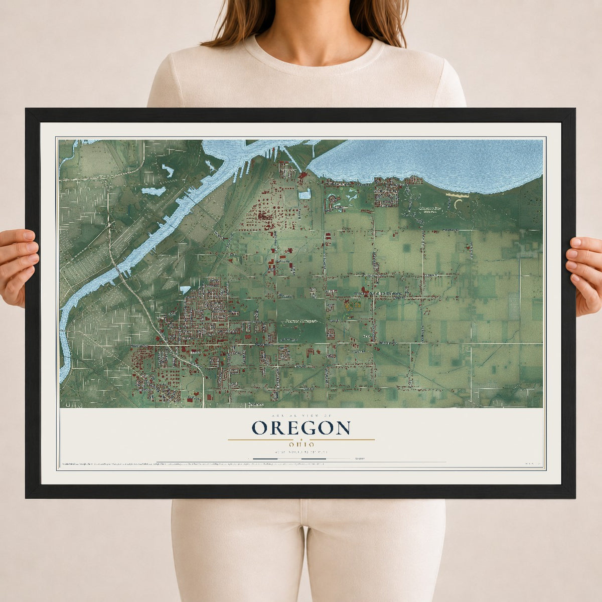 Map of Oregon, Ohio, 18 x 24 inch print in a black wood frame