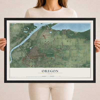 Map of Oregon, Ohio, 18 x 24 inch print in a black wood frame