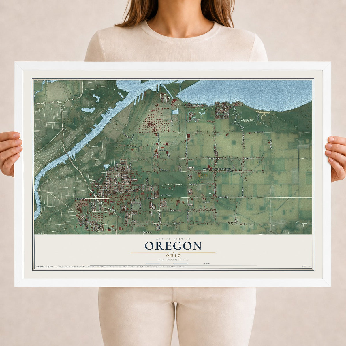 Map of Oregon, Ohio, 18 x 24 inch print in a white wood frame