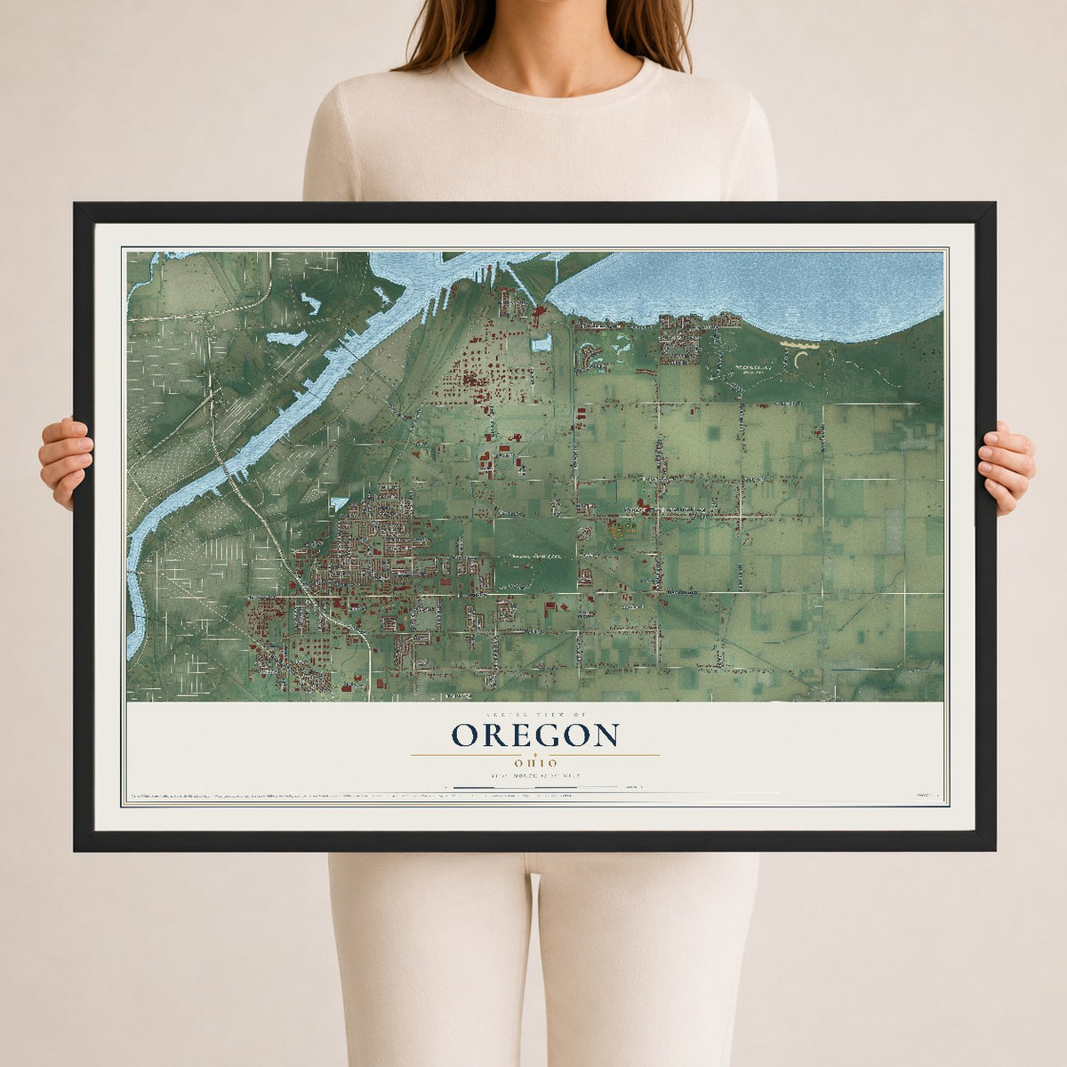 Map of Oregon, Ohio, 24 x 36 inch print in a black wood frame