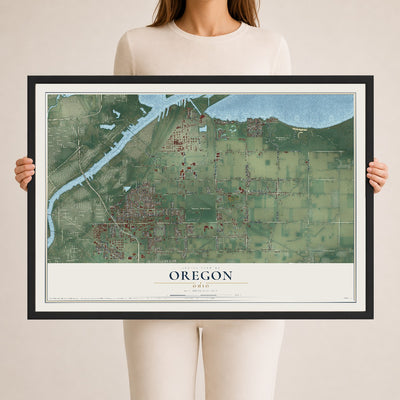 Map of Oregon, Ohio, 24 x 36 inch print in a black wood frame