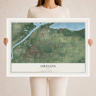 Map of Oregon, Ohio, 24 x 36 inch print in a white wood frame