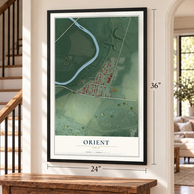 Orient, Ohio map, 24 x 36 inch print in a black frame by a staircase