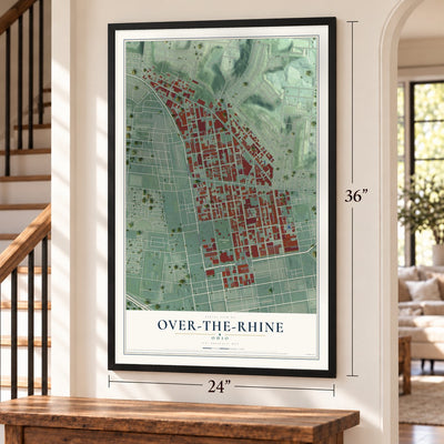 Over-the-Rhine, Ohio map, 24 x 36 inch print in a black frame by a staircase