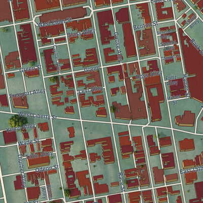 Close-up of the map of Over-the-Rhine, Ohio print showing street and building detail