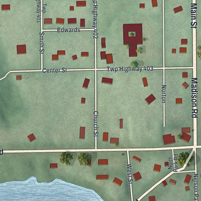 Close-up of the map of Parkman, Ohio print showing street and building detail