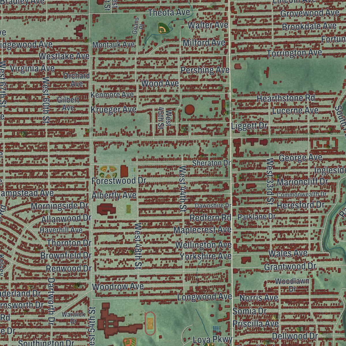 Second close-up of the map of Parma, Ohio print showing more streets and buildings