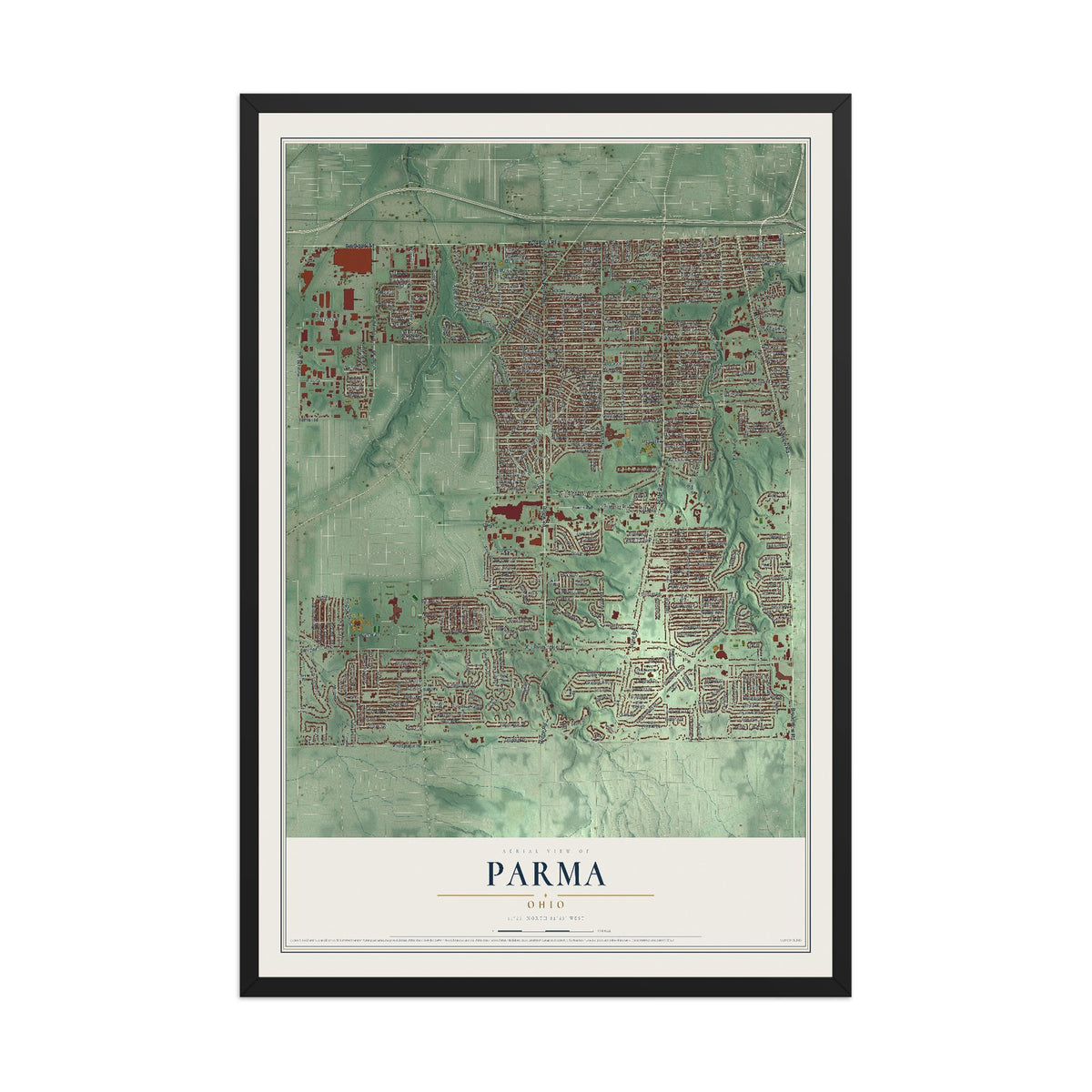 Map of Parma, Ohio, 12 x 18 inch print in a black wood frame