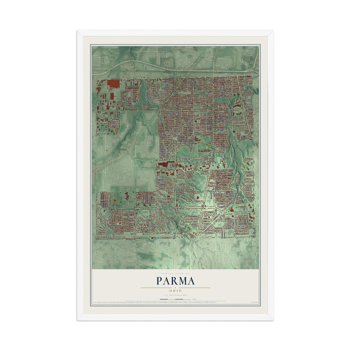 Map of Parma, Ohio, 12 x 18 inch print in a white wood frame
