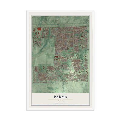 Map of Parma, Ohio, 12 x 18 inch print in a white wood frame