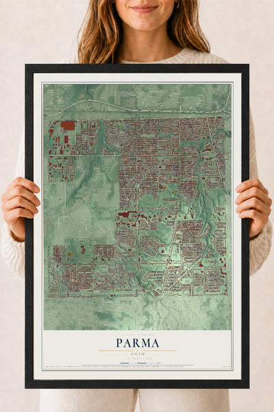 Map of Parma, Ohio, 18 x 24 inch print in a black wood frame