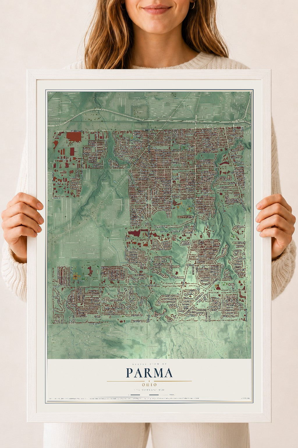 Map of Parma, Ohio, 18 x 24 inch print in a white wood frame