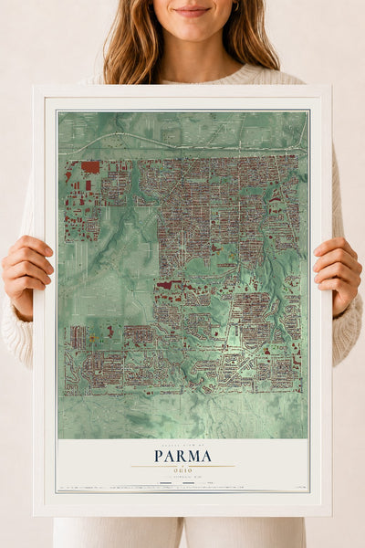 Map of Parma, Ohio, 18 x 24 inch print in a white wood frame