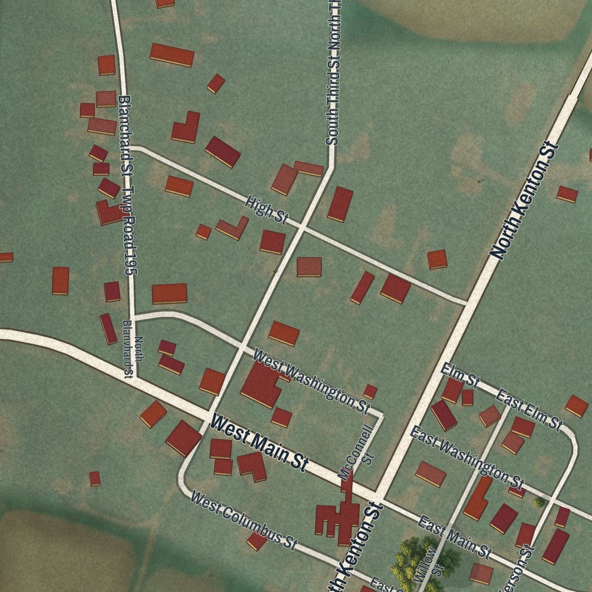Close-up of the map of Patterson, Ohio print showing street and building detail