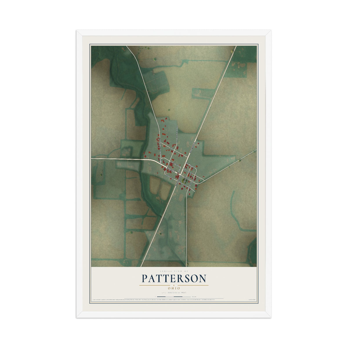 Map of Patterson, Ohio, 12 x 18 inch print in a white wood frame