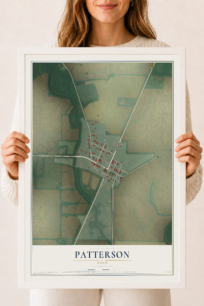 Map of Patterson, Ohio, 18 x 24 inch print in a white wood frame