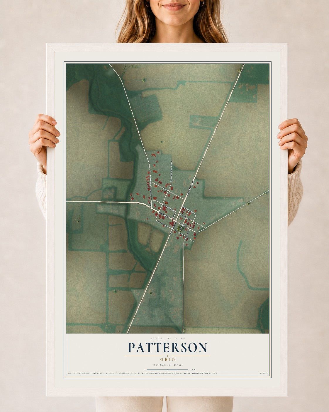 Map of Patterson, Ohio, 24 x 36 inch print in a white wood frame