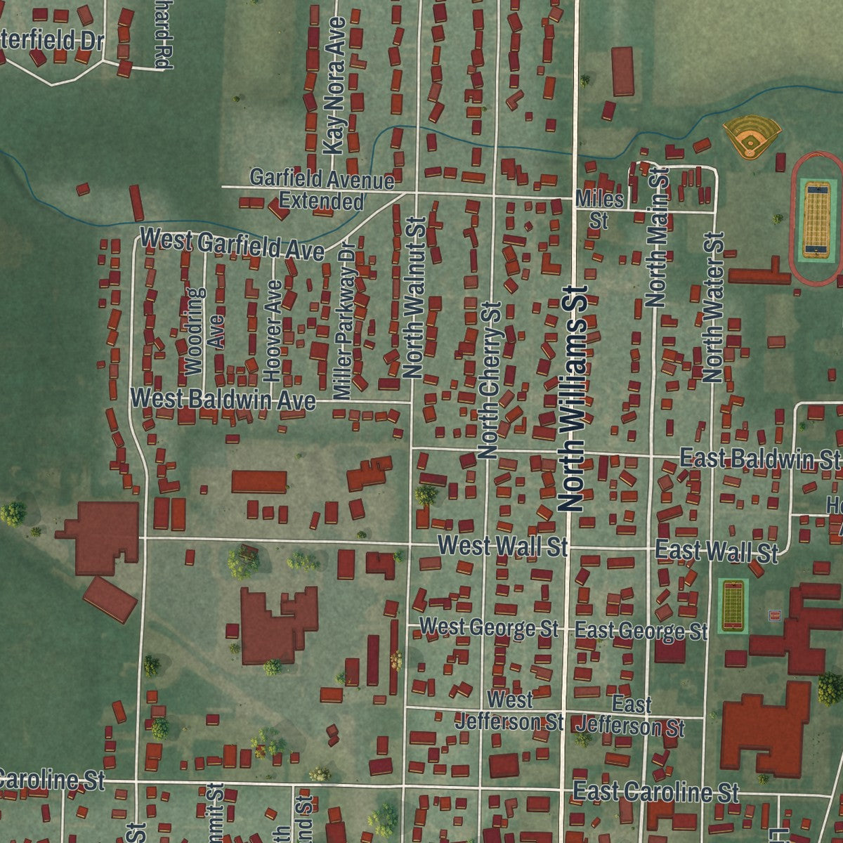 Close-up of the map of Paulding, Ohio print showing street and building detail