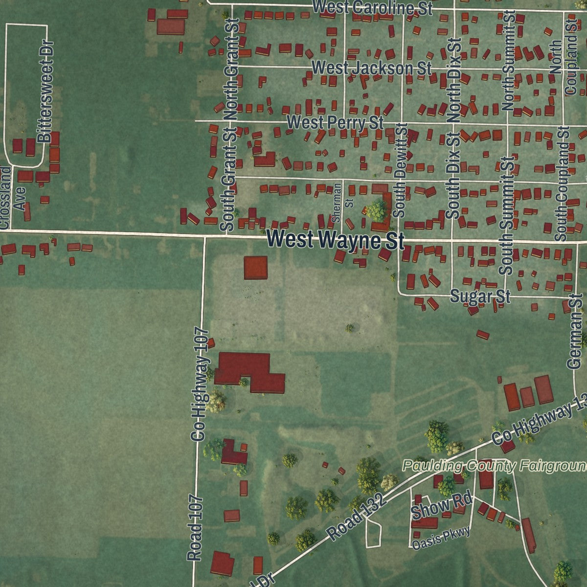 Second close-up of the map of Paulding, Ohio print showing more streets and buildings