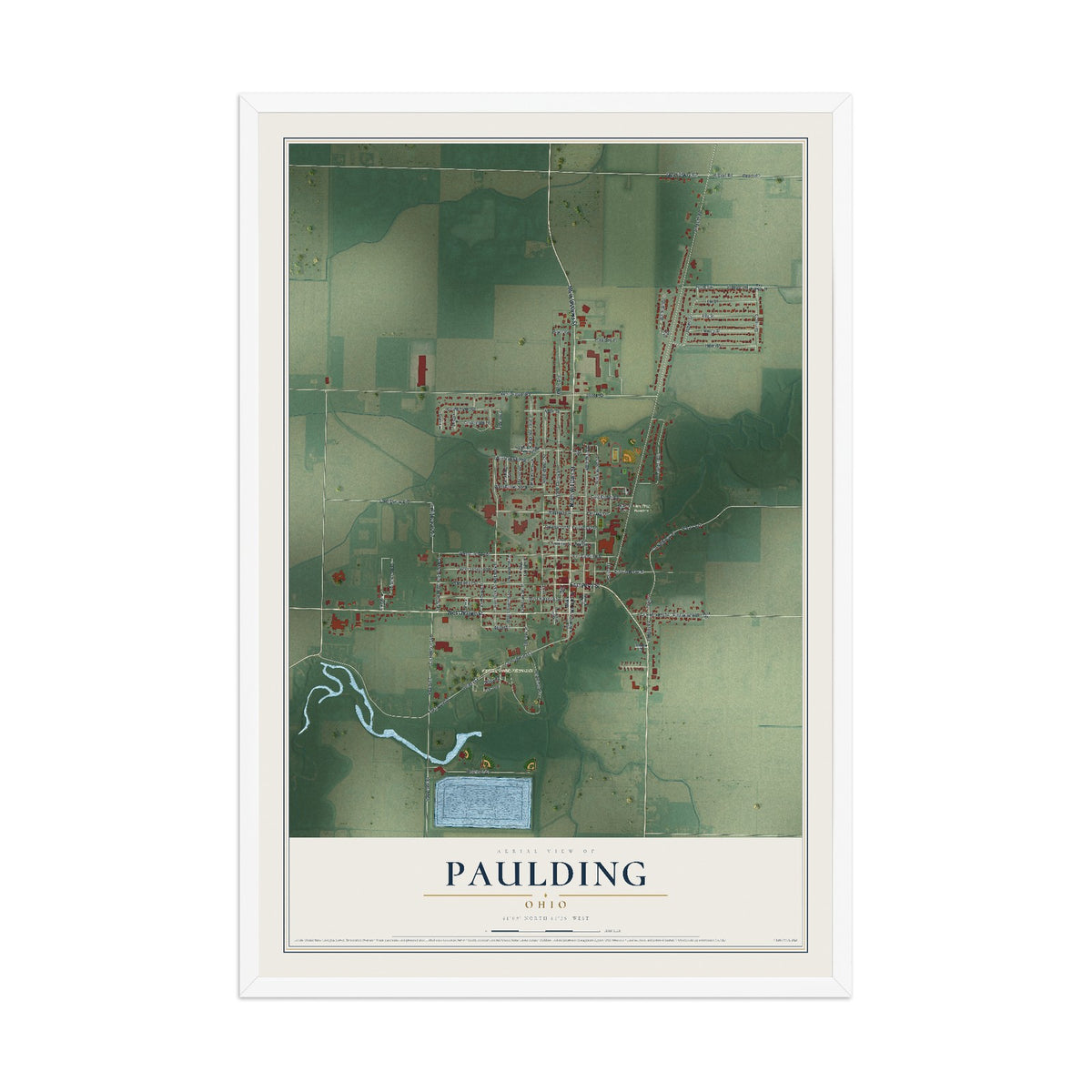 Map of Paulding, Ohio, 12 x 18 inch print in a white wood frame