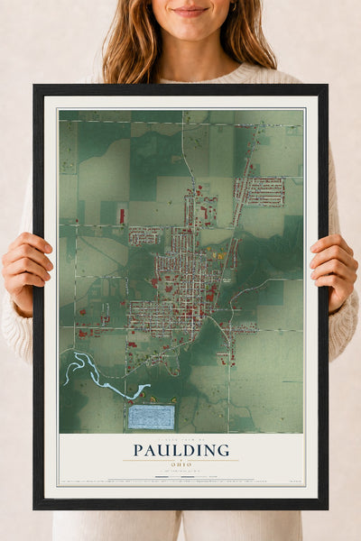 Map of Paulding, Ohio, 18 x 24 inch print in a black wood frame