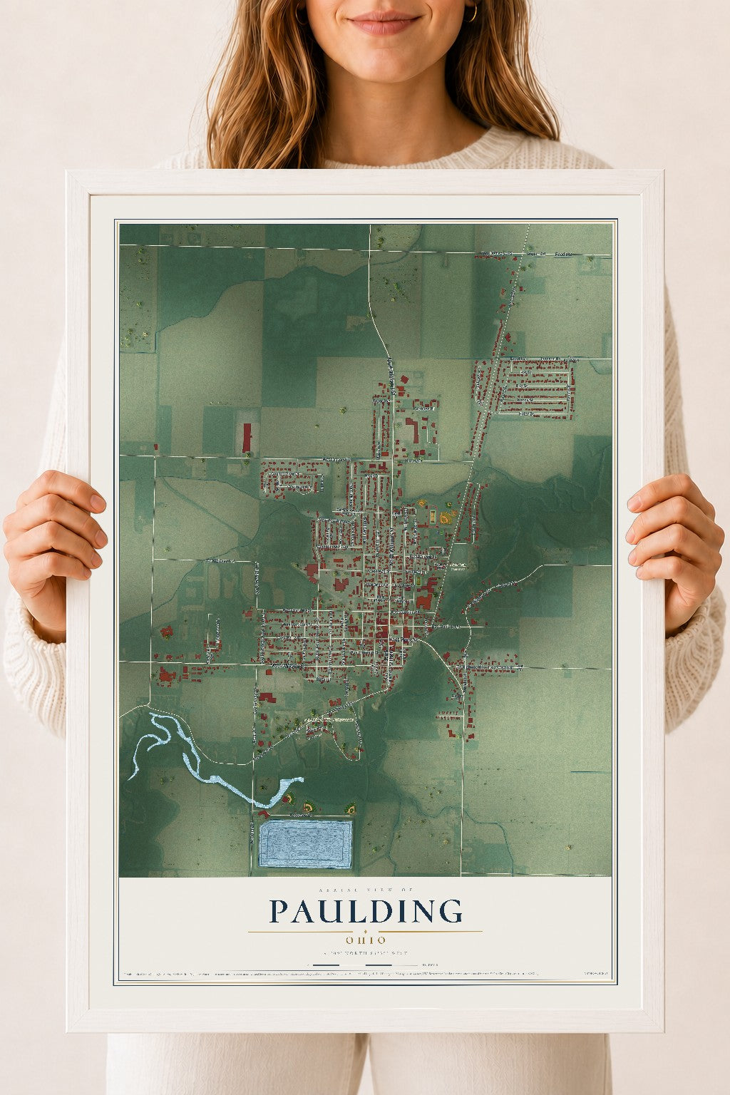 Map of Paulding, Ohio, 18 x 24 inch print in a white wood frame