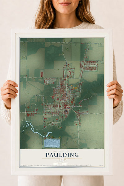 Map of Paulding, Ohio, 18 x 24 inch print in a white wood frame