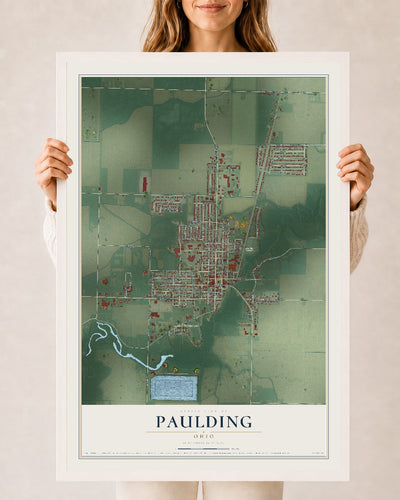 Map of Paulding, Ohio, 24 x 36 inch print in a white wood frame