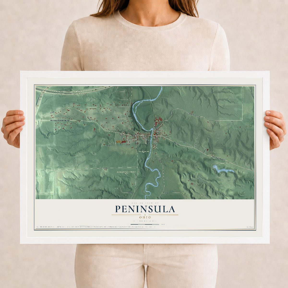 Map of Peninsula, Ohio, 12 x 18 inch print in a white wood frame
