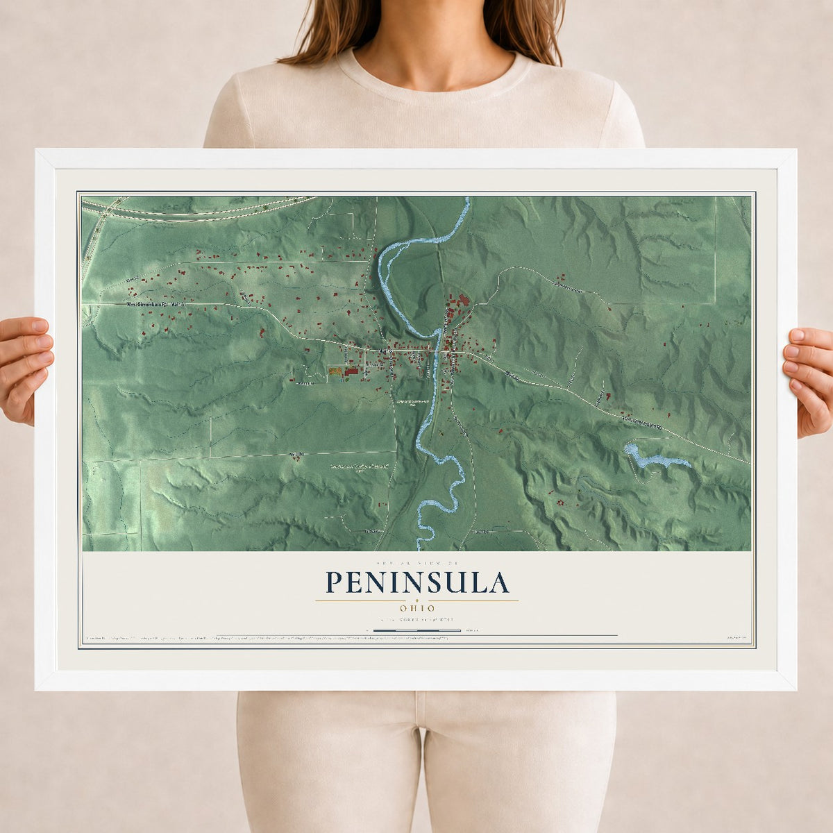 Map of Peninsula, Ohio, 18 x 24 inch print in a white wood frame