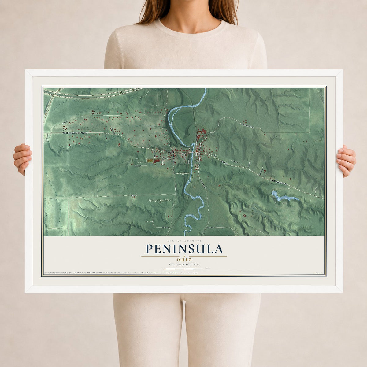 Map of Peninsula, Ohio, 24 x 36 inch print in a white wood frame