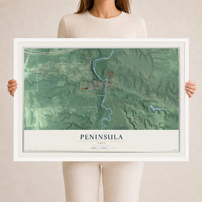 Map of Peninsula, Ohio, 24 x 36 inch print in a white wood frame