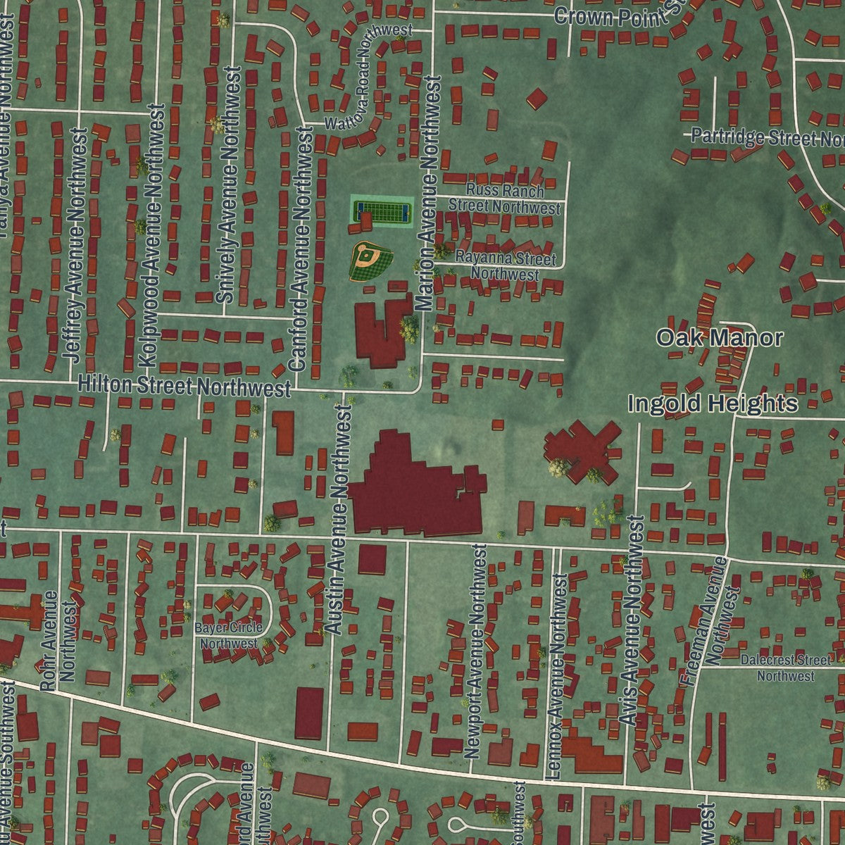 Close-up of the map of Perry Heights, Ohio print showing street and building detail