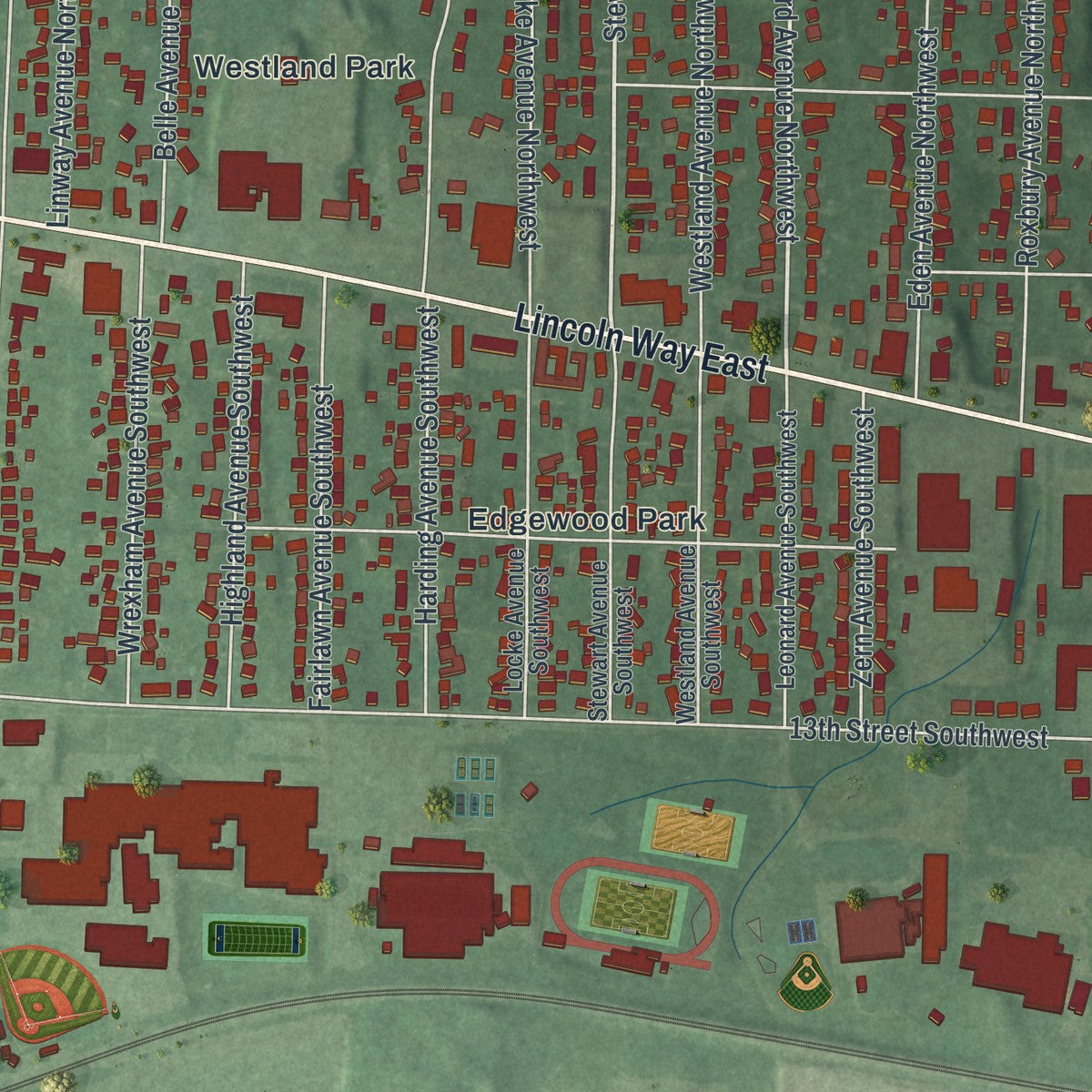 Second close-up of the map of Perry Heights, Ohio print showing more streets and buildings
