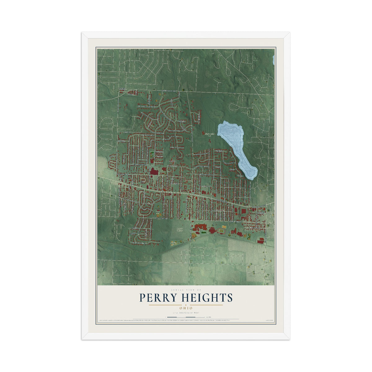 Map of Perry Heights, Ohio, 12 x 18 inch print in a white wood frame