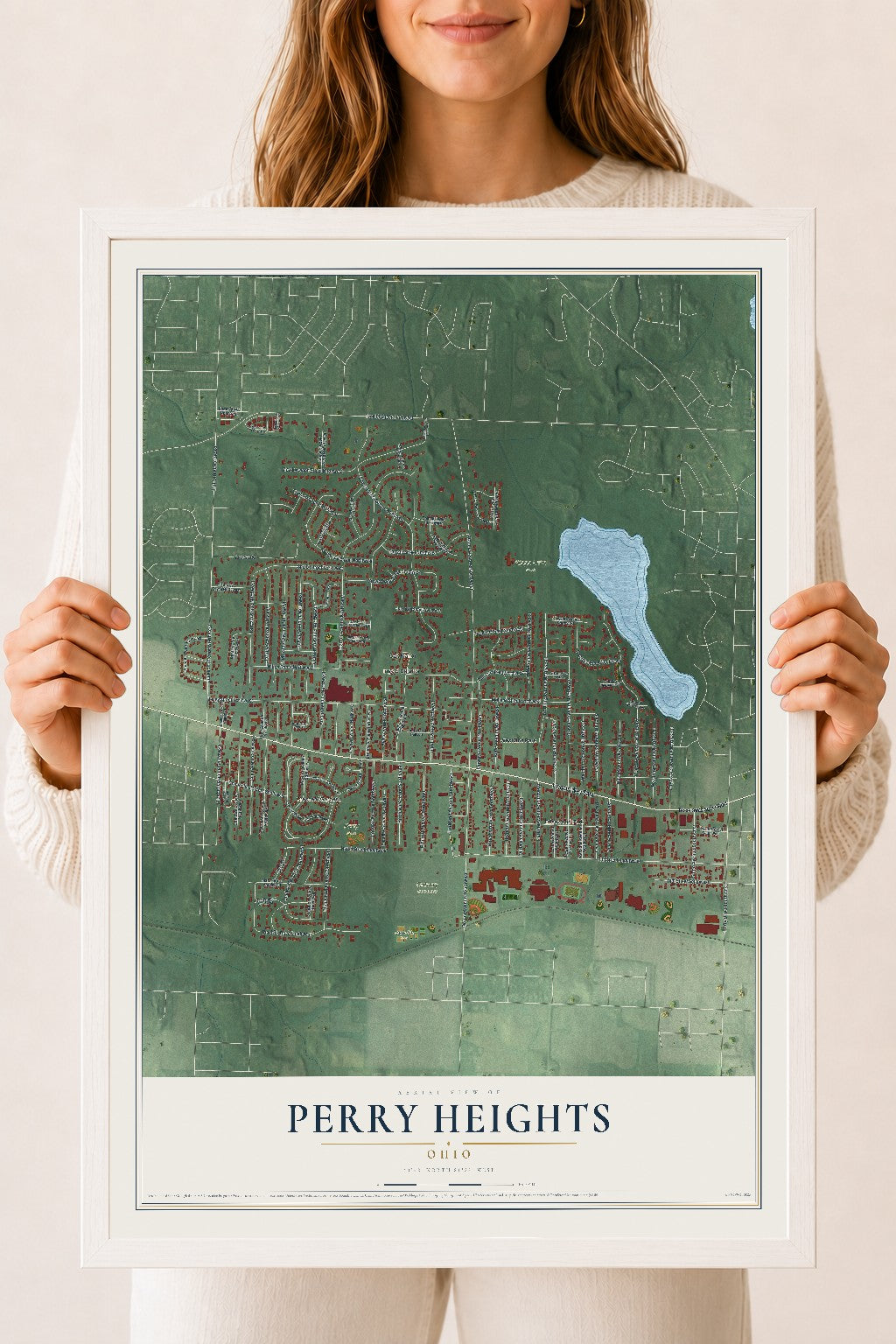 Map of Perry Heights, Ohio, 18 x 24 inch print in a white wood frame