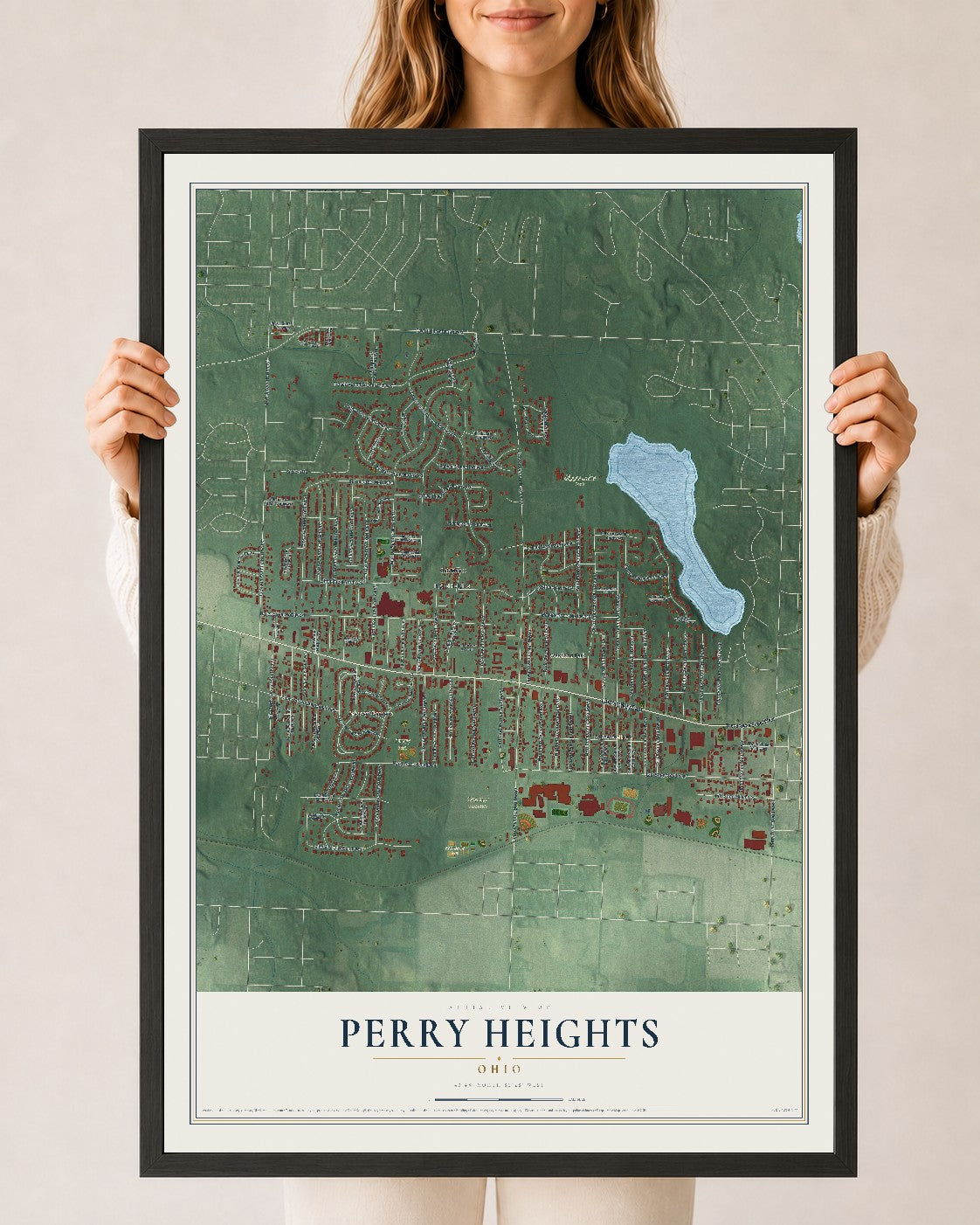 Map of Perry Heights, Ohio, 24 x 36 inch print in a black wood frame